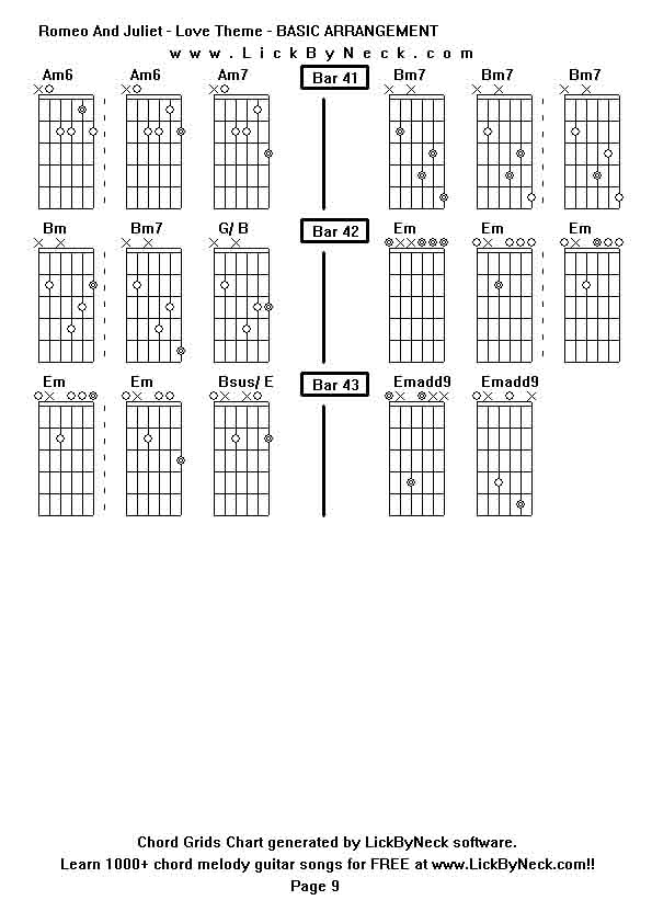 Chord Grids Chart of chord melody fingerstyle guitar song-Romeo And Juliet - Love Theme - BASIC ARRANGEMENT,generated by LickByNeck software.